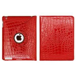 Apple Ipad 2 Crocodile Skin Red Leather Case with 360 Degree Rotating 