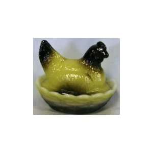   Hand Painted Yellow & Black Glass Hen on Nest Chick Salt Covered Dish