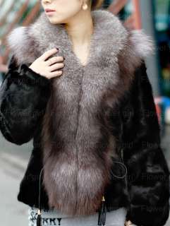100% Real Genuine Mink Fur Coat Fox Collar Jacket Outwear Clothing 