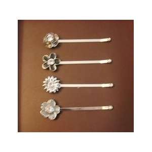  Silver Tone Flower Bobby Pins with Swarovski Crystal   Set 