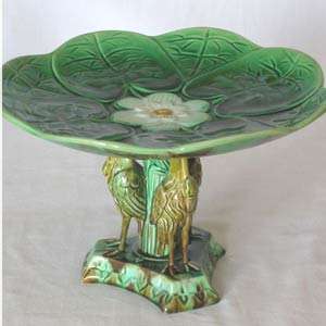   lovely majolica lily tazza w three egrets uplifting the lily pad this