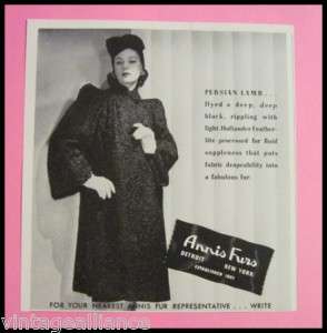 1940 Annis Furs NY Detroit Persian Lamb 40s Fashion Ad  