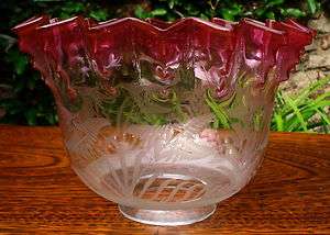 ANTIQUE GLASS LAMP SHADE WITH RUBY SHADING CRIMPED  