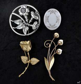Flower Pins/Brooches Sterling Van Dell Danecraft Rose White Enamel 