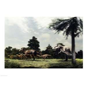  Side profile of a tyrannosaur attacking a group of 