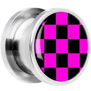    13mm Steel Pink And Black Checkered Screw Fit Plug Jewelry