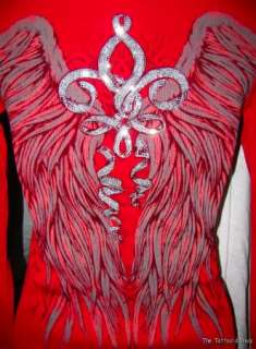 VOCAL SEXY Red ANGEL Tattoo Rhinestone FLEUR DE LIS Thermal Plunge Top 