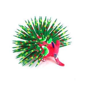  Oaxacan Wood Carving of a Porcupine, Greens and Reds, 3 1 
