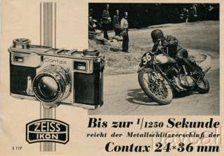 1939 Ad Zeiss Ikon Photo Camera Contax 24 x 36 Motorcycle Race  