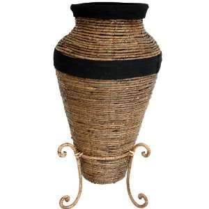   Banana Leaf & Steel Rattan Look Floor Vase with Decorative Stand Home