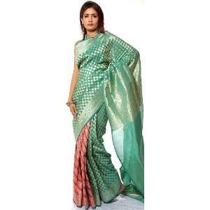 Green and Pink Patli Sari from Banaras with All Over Bootis Woven in 
