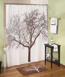 White Brown Tree Fabric Shower Curtain Branch  In Stock  