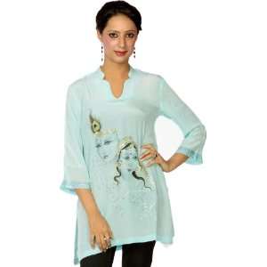 Pastel Blue Kurti with Hand Painted Images of Radha and Krishna   Pure 