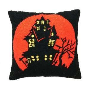 Halloween Haunted House & Moon Throw Pillow, Hooked Wool, 18 Inches X 