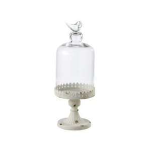  Antique White Pedestal Stand With Bird Topped Cloche Iron and Glass 