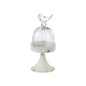 Small Antique White Pedestal Stand With Bird Topped Cloche Iron Glass 