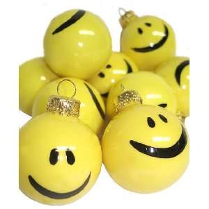  Set of 9 Yellow Smiley Face Glass Ball Christmas Ornaments 