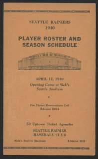 1940 Seattle RAINIERS, PCL, Roster/Schedule Brochure  