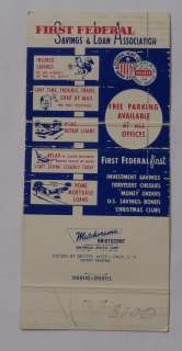 1950s Matchbook First Federal Savings and Loan Association Old Cars 