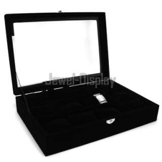 Deluxe Black 12 Grid Watch Storage Case Jewellery Box  