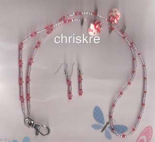 Cute Pink Kitty Cat Glass Bead Beaded ID Lanyard Heart Nursing Jewelry 