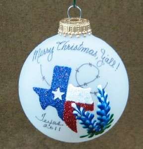 State of Texas w Bluebonnets Glass Christmas Ornament  