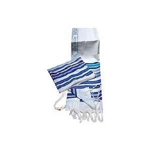 100% Wool Multi Blue Colors Striped Bnei Or Tallit and Tallit Bag Set 