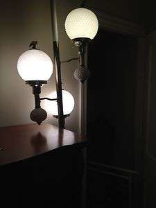   Vtg Milk White Hobnail Glass Tension Pole Floor 3 Lamp Light  