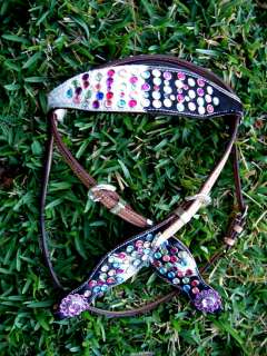 HORSE BRIDLE WESTERN LEATHER HEADSTALL RAINBOW CRYSTALS BLING RODEO 