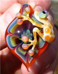 FROG ON FLOWER LAMPWORK PENDANT FOCAL BEAD GLASS HAND MADE AMERICAN 