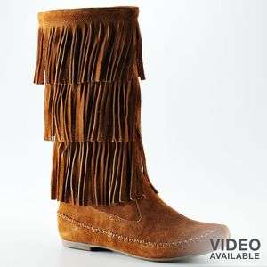   CONRAD Mid Calf Mikka Moccasin Fringed Suede Boots~Chestnut~See Szs