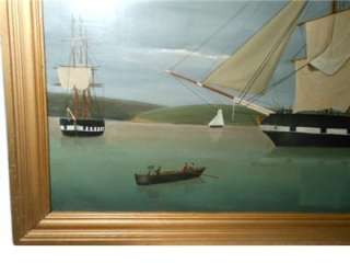   Antique American Folk Art Nautical Ships Harbor Oil Painting on Canvas