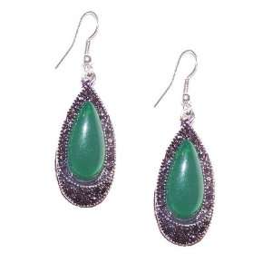 Fashion Costume Jewelry Silver Plated Marcasite and Green Stone Dangle 