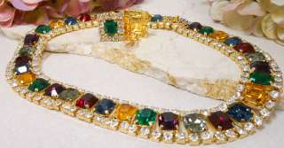 Vintage Multi Color Rhinestone Formal Necklace Clip Earrings Exc 