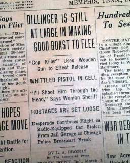 JOHN DILLINGER Indiana Famous Wooden Gun Escape 1934 Newspaper  