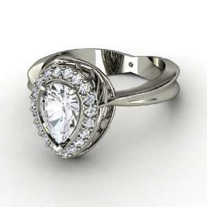  Calla Ring, Pear White Sapphire Platinum Ring with Diamond 