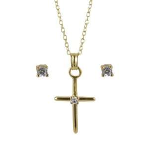  Sunstone Gold over Silver Cubic Zirconia Cross and Stud 
