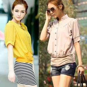 Elegant women stylish ruched designed short sleeved blouse shirt Tee 