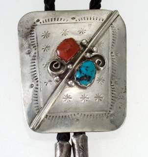SOUTHWESTERN STERLING SILVER BOLO TIE TURQUOISE CORAL  