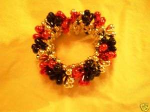 Red Black and Silver Beaded Stretch Bracelet New  