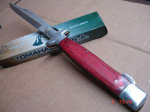 TOMAHAWK 18 MONSTER RED WOOD STILETTO FOLDING KNIFE  