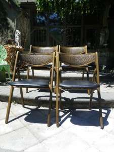 DANISH MODERN SET OF 4 FOLDING CANED BACK CHAIRS+TABLE  