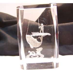   laser art crystal with fisherman catching fish 