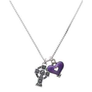   Celtic Cross and Translucent Purple Heart Charm Necklace Jewelry
