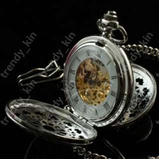 Silver Spiderweb Double Open Mechanical Pocket Watch 64  
