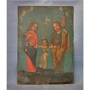Antique Spanish Colonial Retablo Painting The Holy Family  