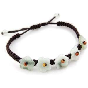  Dark Brown Adjustable Bracelet With 5 Jade Stone Flowers 
