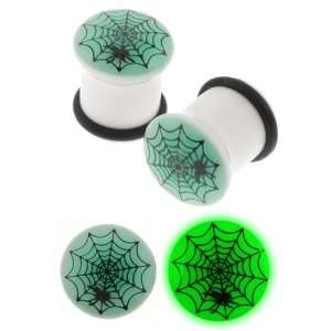 com White Acrylic Single Flared Plug with Glow in the Dark Spider Web 