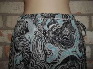 Silky Black White Aqua CATO Mid Calf Mock Wrap Skirt sz L Lg  