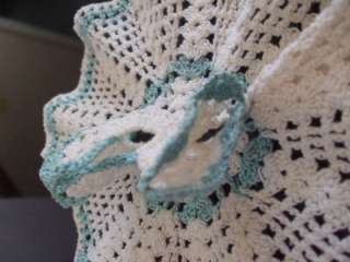 Christmas Tree Ornament Hand Crocheted Dress Doily White Aqua 6 x 9 